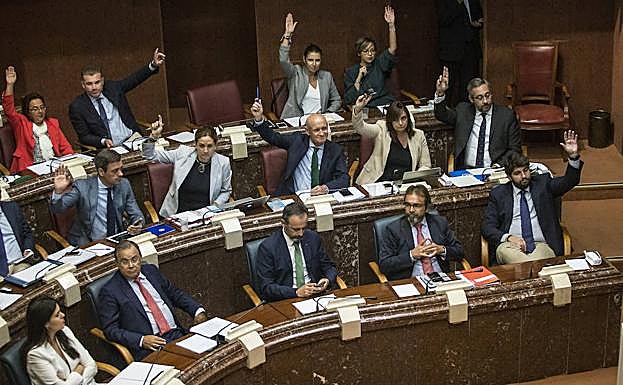Un momento de la votación de la bancada popular, este lunes, en la Asamblea Regional.