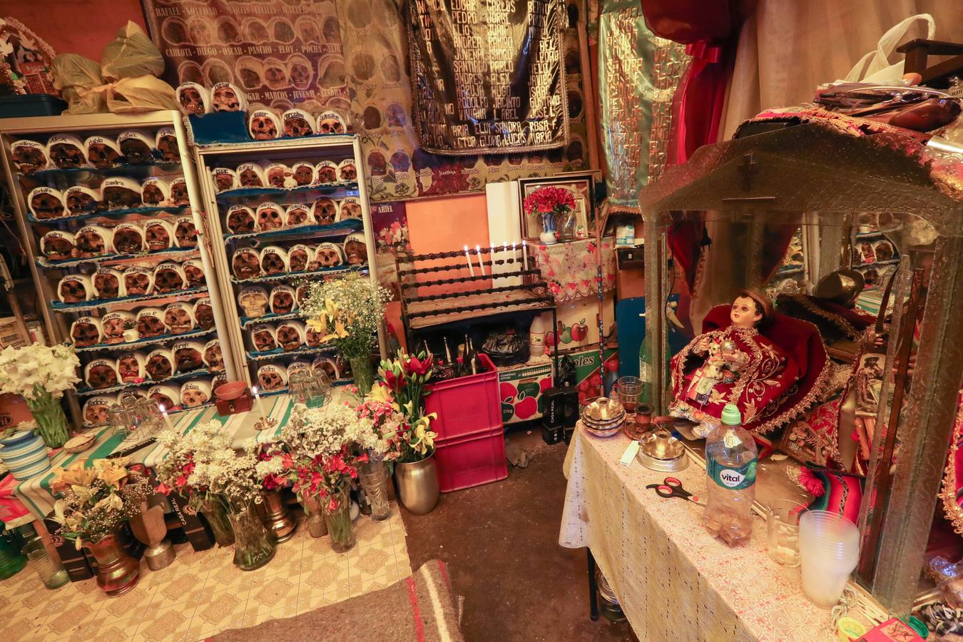 Ciudadanos bolivianos exponen «ñatitas», calaveras humanas, durante la fiesta de las «ñatitas», en La Paz (Bolivia). Las celebraciones en conmemoración de los muertos que comenzaron el pasado 1 de noviembre, acaban con una peculiar fiesta dedicada a las «ñatitas», a las que se les atribuyen capacidades protectoras. 