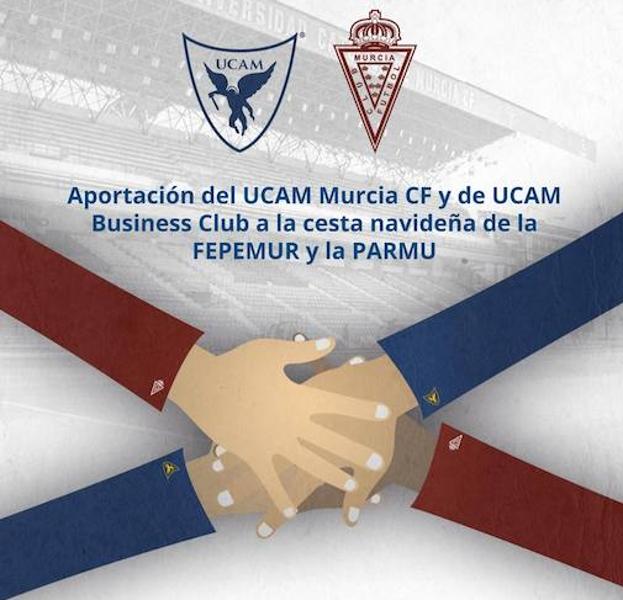 Cartel de la aportación del UCAM a la cesta navideña de la FEPEMUR y la PARMU