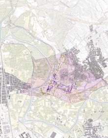 Imagen secundaria 2 - Valla perimetral de la Fábrica de la Pólvora de Javalí Viejo. I. S. / AGM | Recreación virtual del espacio remodelado con el laboratorio experimental y torre mirador añadido, a la izquierda. F. J. Galián | Plano de la zona en que propone actuar el proyecto Fin de Grado de Arquitectura de Francisco José Galián. En morado, la zona de actuación.