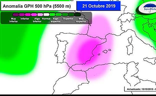 Modelo meteorológico que prevé la aparición de una gota fría en la Región. 