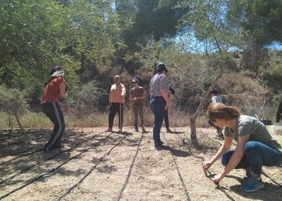 Imagen secundaria 1 - La profesora de Ecología de la UMU Rosa Gómez Cerezo, ayer, durante la presentación del filtro verde. | Ciudadanos trabajan en un huerto ecológico con FDS. | Una de las actividades del proyecto Riega con el Sol.