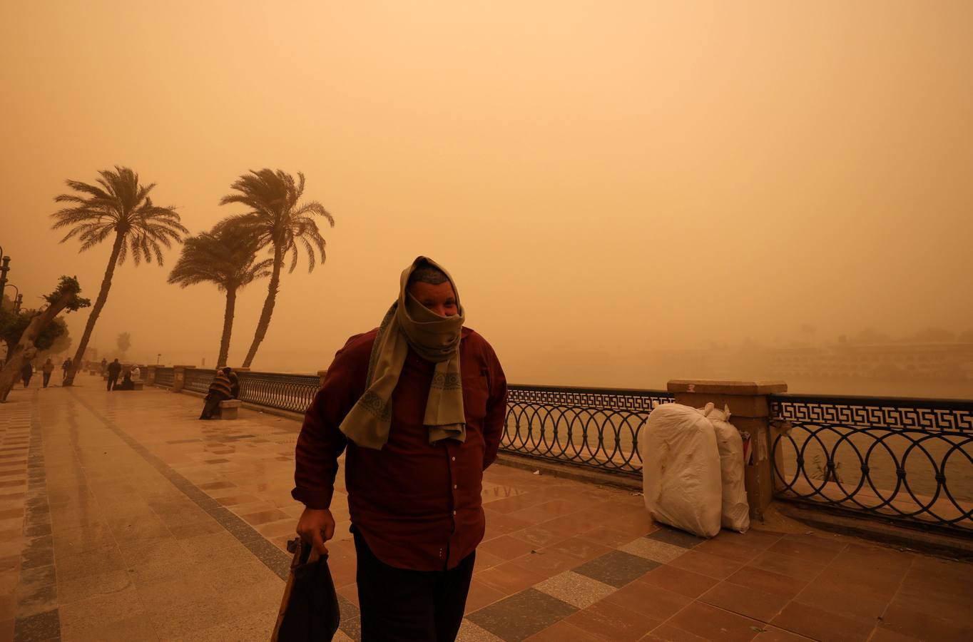 Varias personas se cubren el rostro durante una tormenta de arena en El Cairo, Egipto. La tormenta provocó que varios zoos y parques tuvieran que cerrar sus puertas al público.
