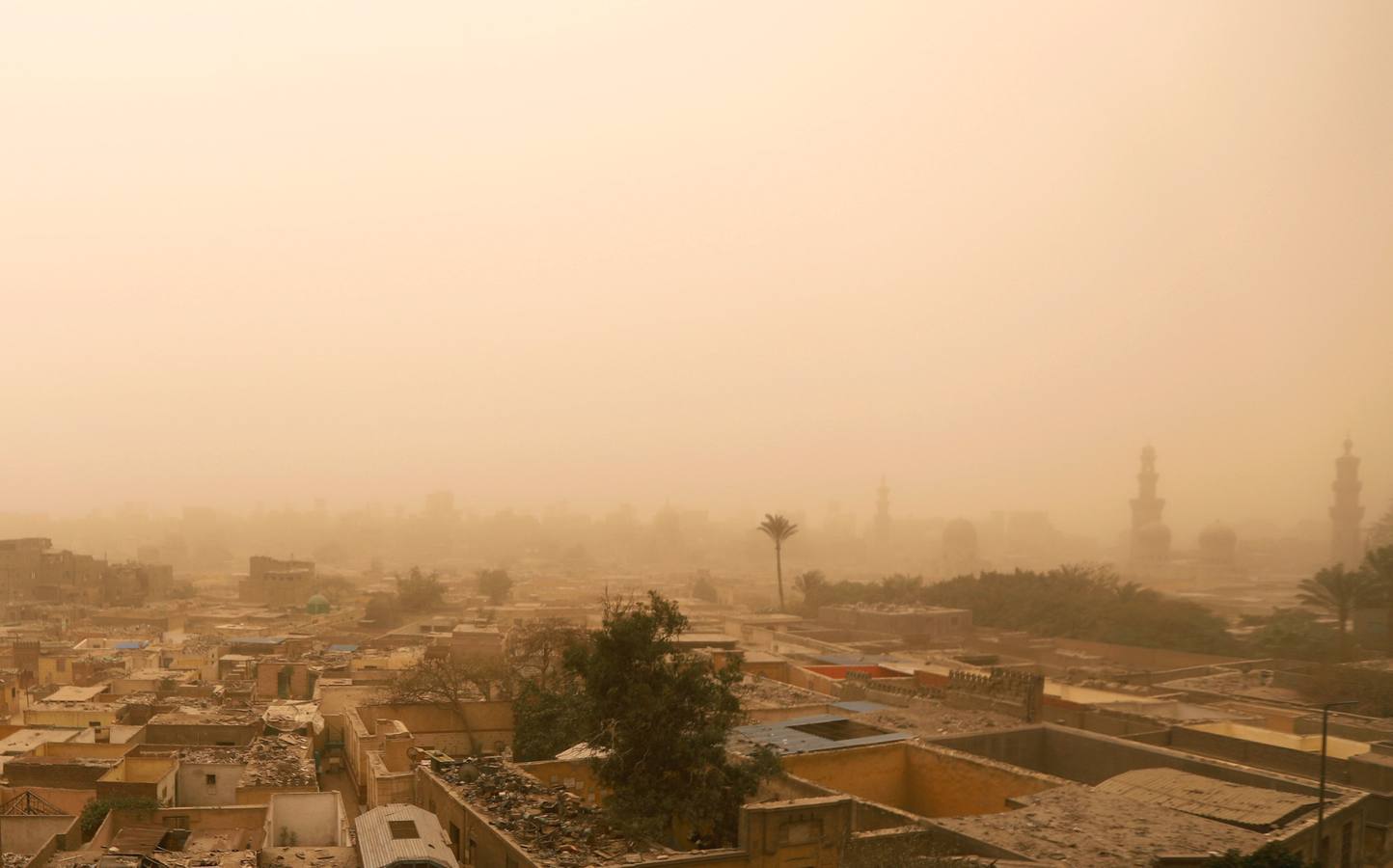 Varias personas se cubren el rostro durante una tormenta de arena en El Cairo, Egipto. La tormenta provocó que varios zoos y parques tuvieran que cerrar sus puertas al público.