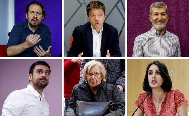 Arriba, de izquierda a derecha: Pablo Iglesias, Íñigo Errejón y Julio Rodríguez. Abajo: Ramón Espinar, Manuela Carmena y Rita Maestre.