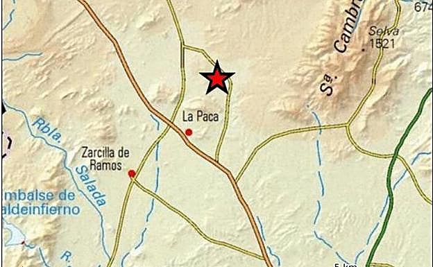 Localización del terremoto que se produjo durante la mañana de este lunes cerca de la pedanía de La Paca.