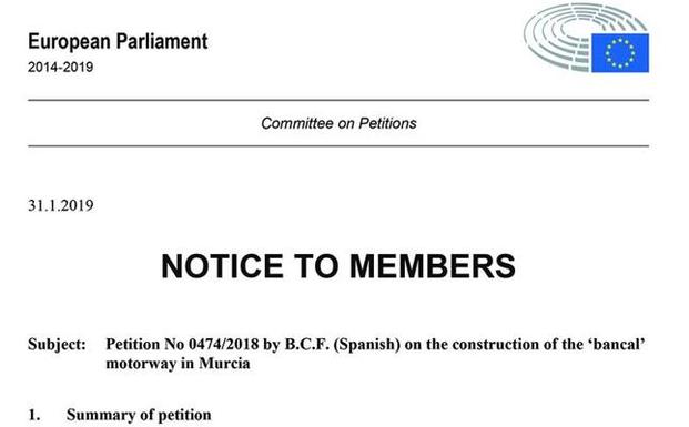 Encabezamiento de la notificación del Comité de Peticiones, con la queja formulada contra 'the bancal motorway'. 