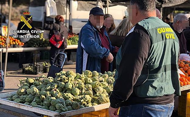 Un agente de la Benemérita junto a las alcachofas robadas.