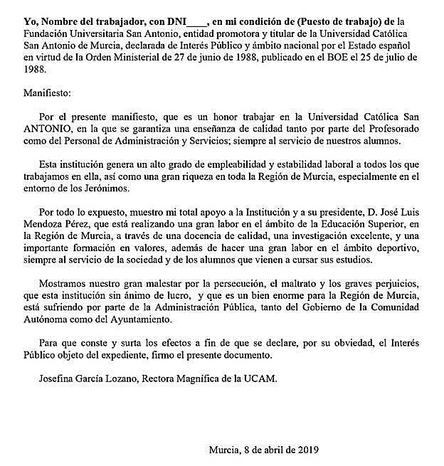 Una de las cartas que estos días se difundieron, en una primera instancia, para recabar el apoyo de los trabajadores de la UCAM. 