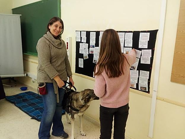 Maika Ruiz y 'Tara', junto a una alumna en clase de Biología. 