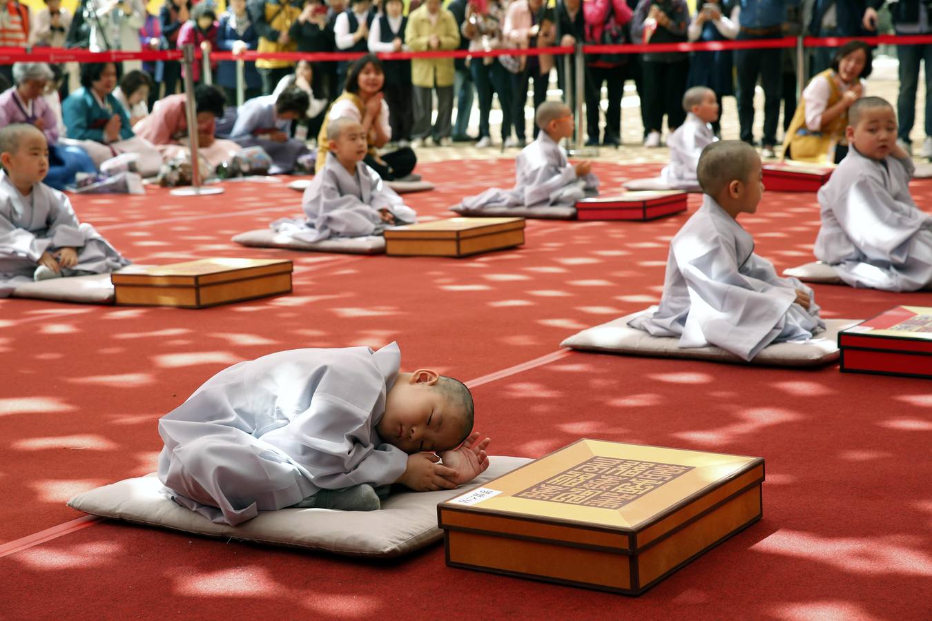 Varios niños reciben un drástico corte de pelo durante una ceremonia en la que menores surcoreanos se convierten en monjes budistas, en el templo Jogyesa de Seúl (Corea del Sur). Los monjes acogen a los niños en el templo durante 21 días para enseñarles los fundamentos de la religión budista.