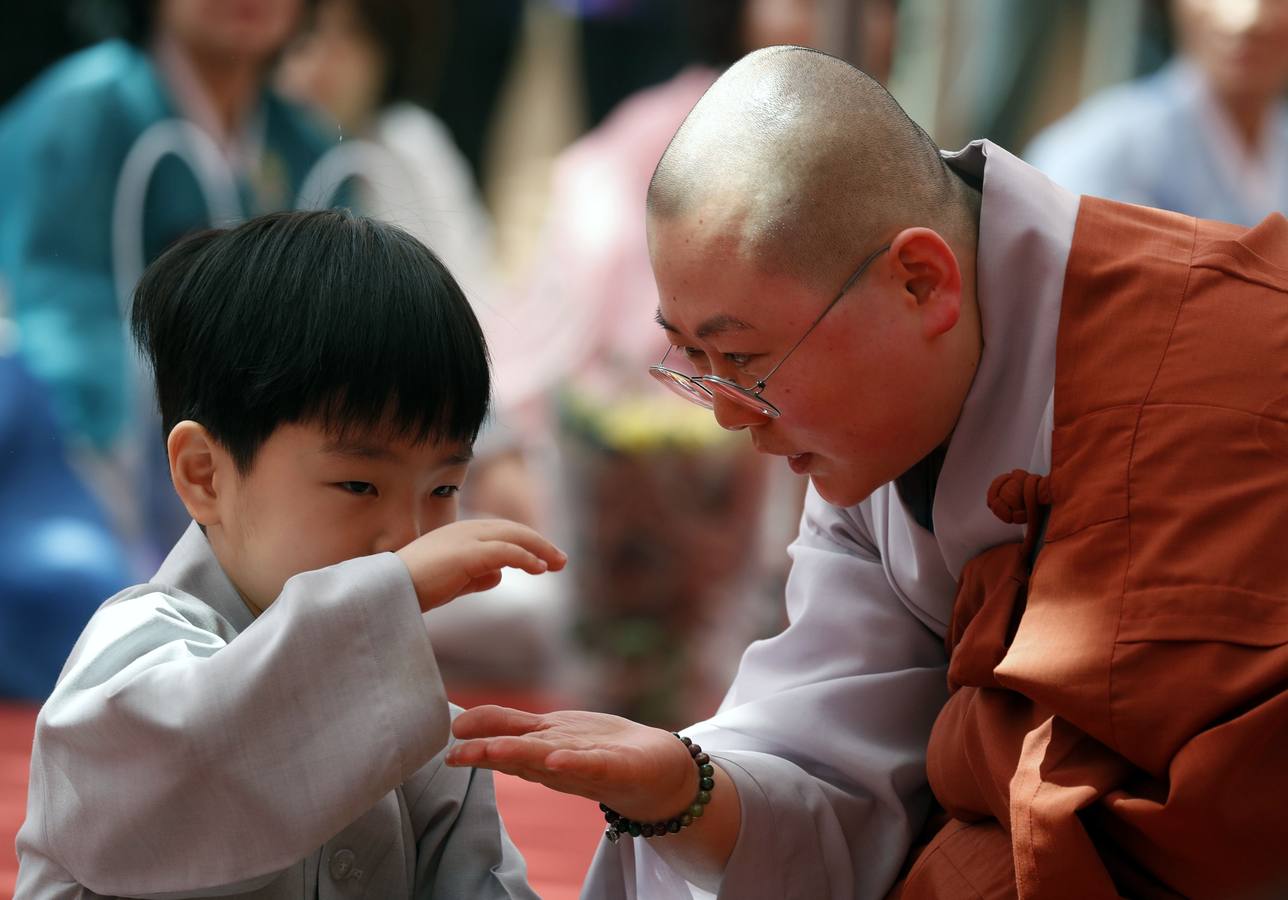 Varios niños reciben un drástico corte de pelo durante una ceremonia en la que menores surcoreanos se convierten en monjes budistas, en el templo Jogyesa de Seúl (Corea del Sur). Los monjes acogen a los niños en el templo durante 21 días para enseñarles los fundamentos de la religión budista.