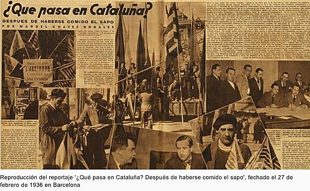 Imagen principal - Reproducción del reportaje '¿Qué pasa en Cataluña? Después de haberse comido el sapo', fechado el 27 de febrero de 1936 en Barcelona. | Retrato de Chaves Nogales, fumador empedernido. | Portada de la revista 'Ahora'.