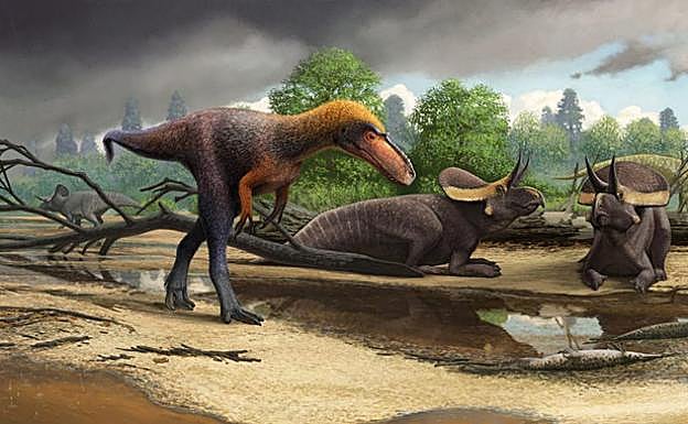 La especie de tiranosauroide Suskityrannus hazelae, en primer plano, vivió hace 92 millones de años durante el Cretácico Medio.