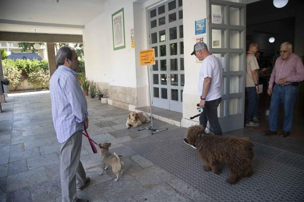 Votantes con sus mascotas, en la puerta del instituto Jiménez de la Espada de Cartagena. SANCHEZ