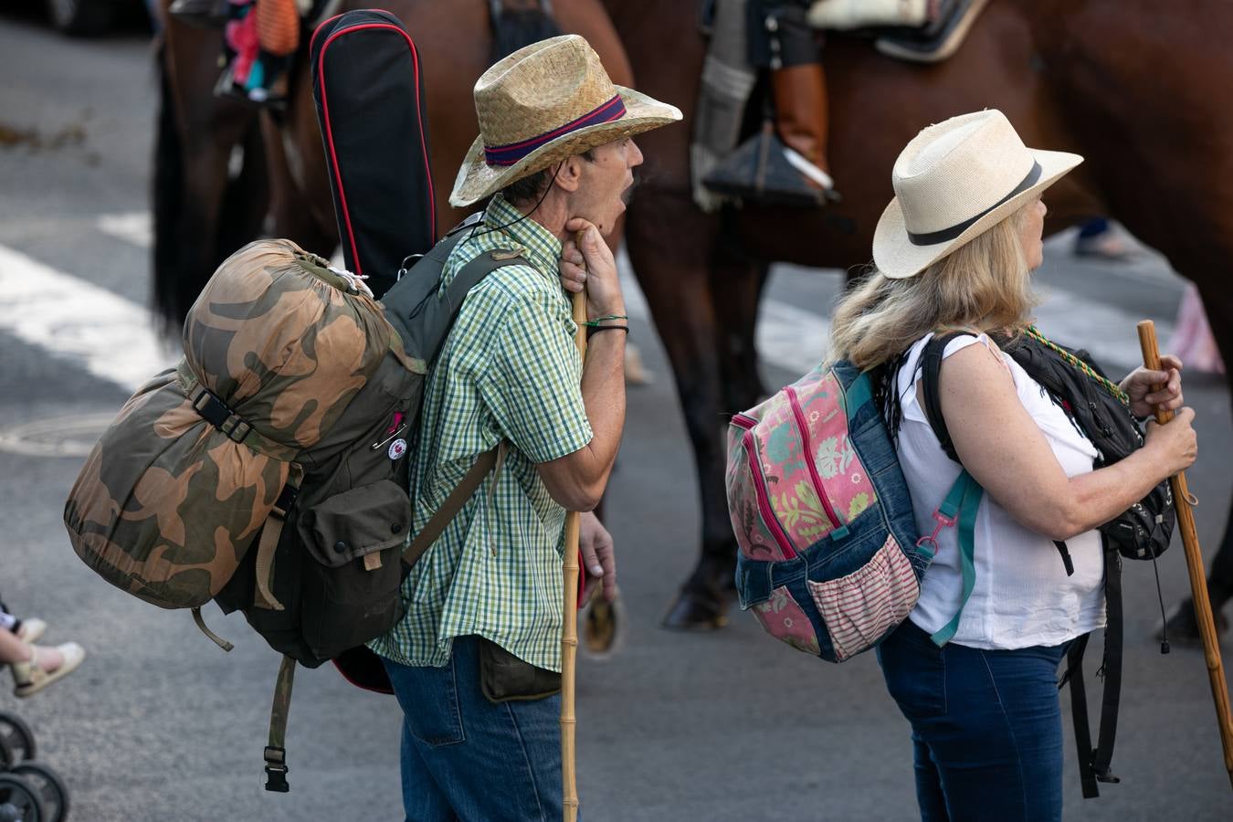 Cientos de personas participan en la romería de Pentecostés 2019, donde los peregrinos surcan los caminos hacia la aldea almonteña de El Rocío (Huelva) para honrar a la Virgen del Rocío.