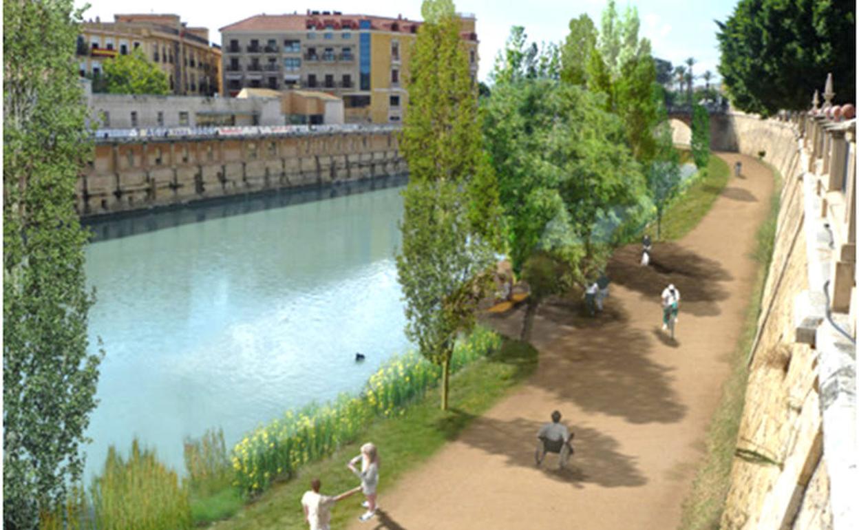 Recreación virtual de la renaturalización del tramo urbano del Segura recomendada por la Universidad de Murcia.