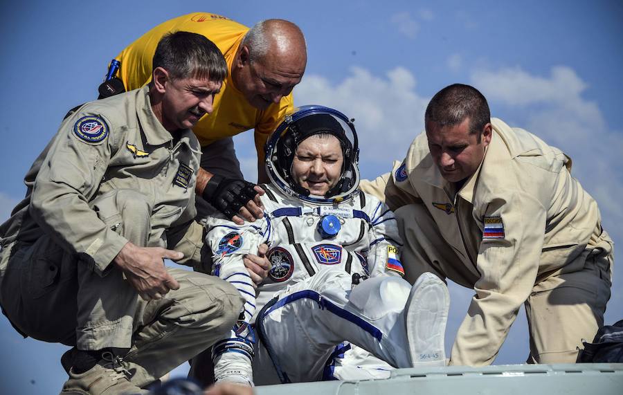 Aterrizaje de la cápsula Soyuz MS-11 con el equipo de la Estación Espacial Internacional del astronauta de la NASA Anne McClain, el cosmonauta ruso Oleg Kononenko y David Saint-Jacques de la Agencia Espacial Canadiense, en un zona remota de Kazajistán