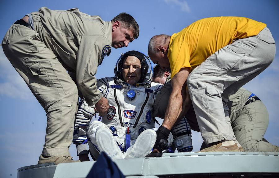 Aterrizaje de la cápsula Soyuz MS-11 con el equipo de la Estación Espacial Internacional del astronauta de la NASA Anne McClain, el cosmonauta ruso Oleg Kononenko y David Saint-Jacques de la Agencia Espacial Canadiense, en un zona remota de Kazajistán