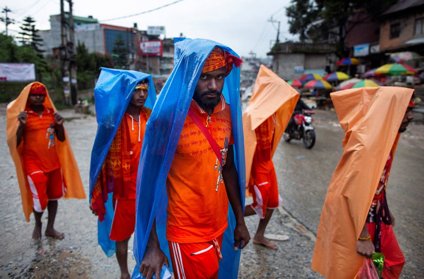 Varias personas peregrinan en honor a Shiva, dios de la creación y la destrucción, en Sundarijal, Nepal. Miles de devotos viajan descalzos hacia Sundarijal para honrar al dios Shiva y recolectar agua sagrada para limpiar todos sus pecados.