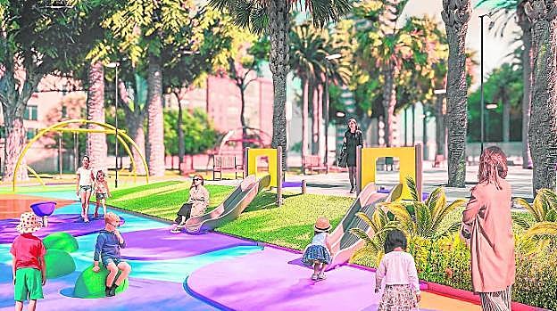 Recreación virtual del nuevo jardín de La Paz, que contará con una gran plaza con pérgola, juegos infantiles y más ejemplares de palmeras datileras y canarias. 