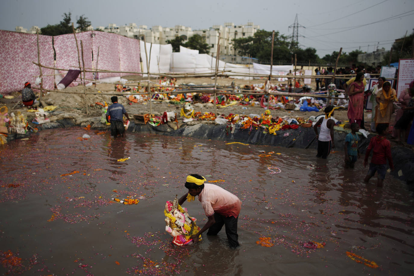 Indios devotos emergen en el mar Arábigo al dios con cabeza de elefante Ganesha durante la celebración del festival Ganesh Chaturthi, en Bombay (India). Esta celebración tiene lugar el cuarto día de la primera quincena del mes hindú Bhaadrapa, una jornada que coincide con el aniversario del nacimiento de Ganesha, hijo de Shiva y Parvati.