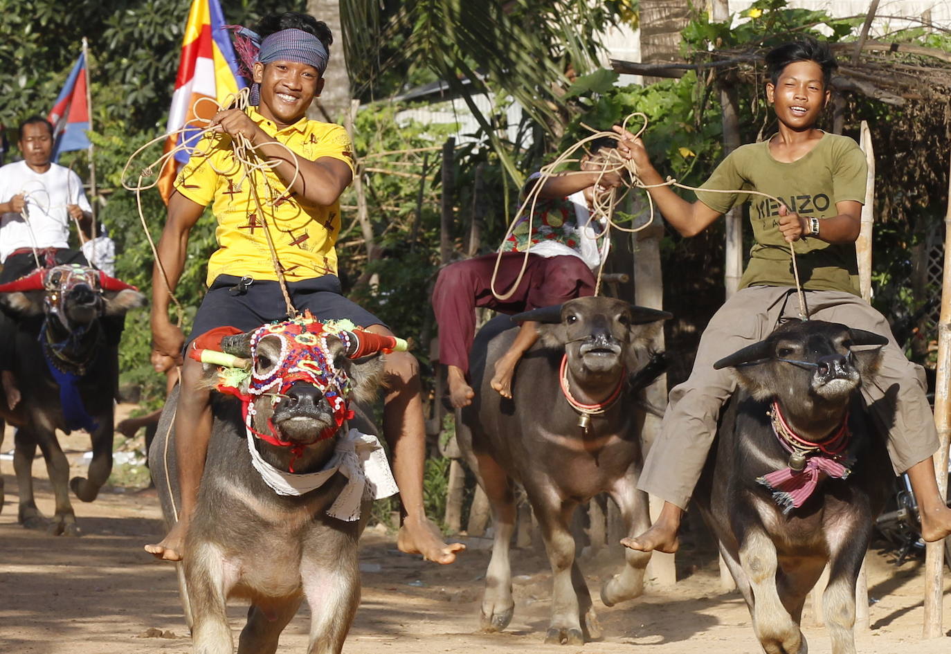 Varias personas participan en peleas y en carreras de búfalos y caballos organizadas con motivo de la culminación de la festividad de «Pchum Ben» o día de los ancestros, en la población de Sithor, Camboya.