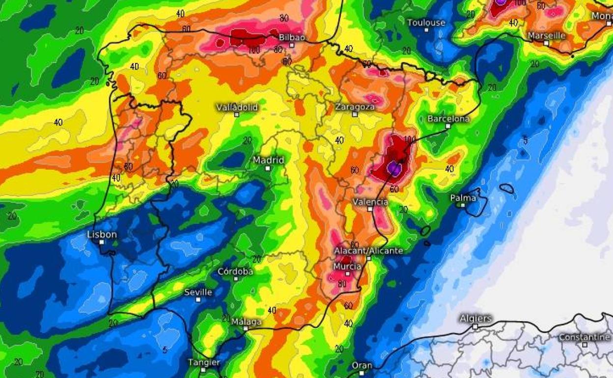 Predicción de acumulación de precipitaciones hasta el día 22. 