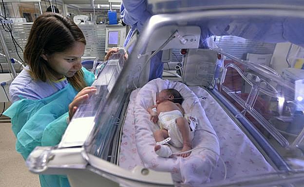 Una madre mira a su bebé en el interior de la incubadora en la planta de Neonatología de La Arrixaca.