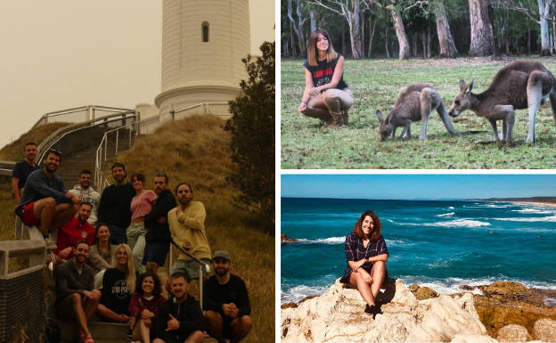 A la izquierda, Alejandro Pérez (segundo por la izquierda) y Lola Pascual (con camiseta rosa), en Byron Bay; arriba, Lola Pascual, en la reserva de Coombabah Lakes; y, abajo, la balsapintadeña Pilar Lorente, en Stradbroke Island.