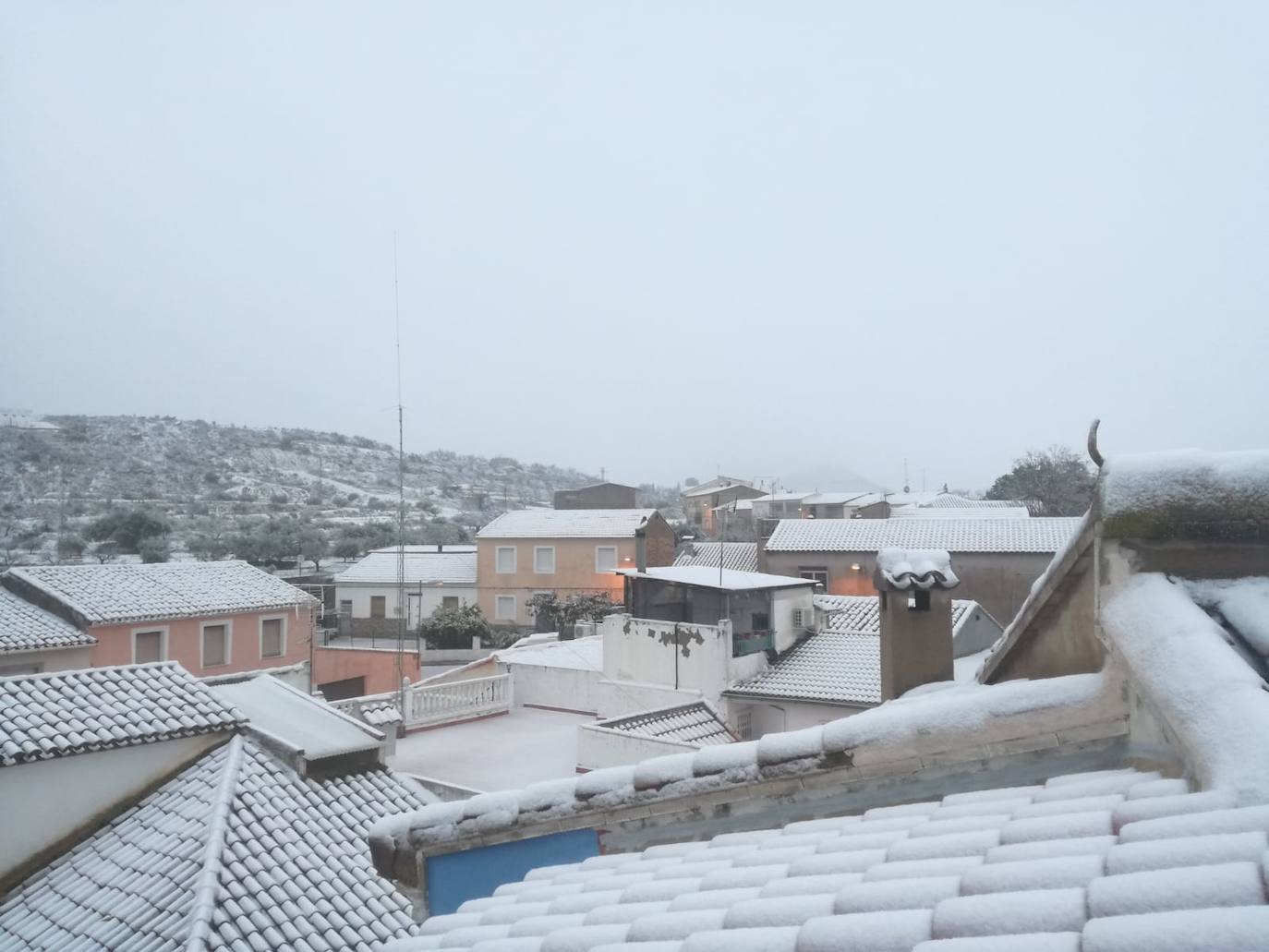 Los tejados amanecen este lunes teñidos de blanco en Casas Nuevas (Mula).