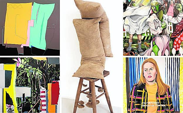 Arriba a la izquierda, 'LSD gris', de Sonia Navarro; abajo a la izquierda, 'Artificial Landscape', de María Carbonell; en el centro, 'Sin título', de Pablo Capitán del Río; arriba a la derecha, 'Ad u a ghost', de Yann Leto, y abajo a la izquierda, 'I felt impotent and out of control', de Gala Knörr.