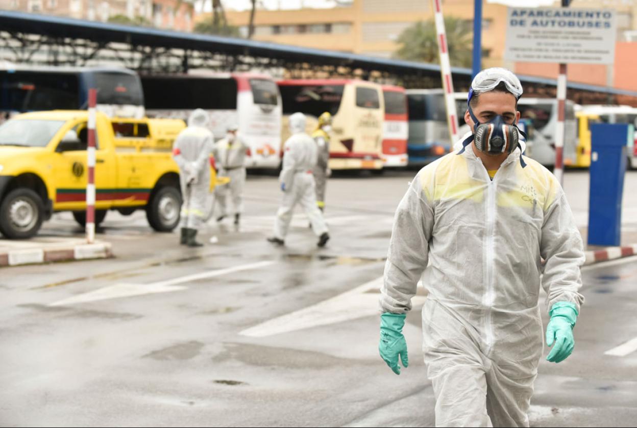 Agentes de Medio Ambiente tomaron ayer la estación de autobuses de Murcia para desinfectar las instalaciones.