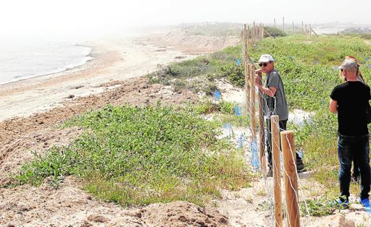 Gustavo Ballesteros se asoma a la valla colocada en las dunas de la playa de La Llana.