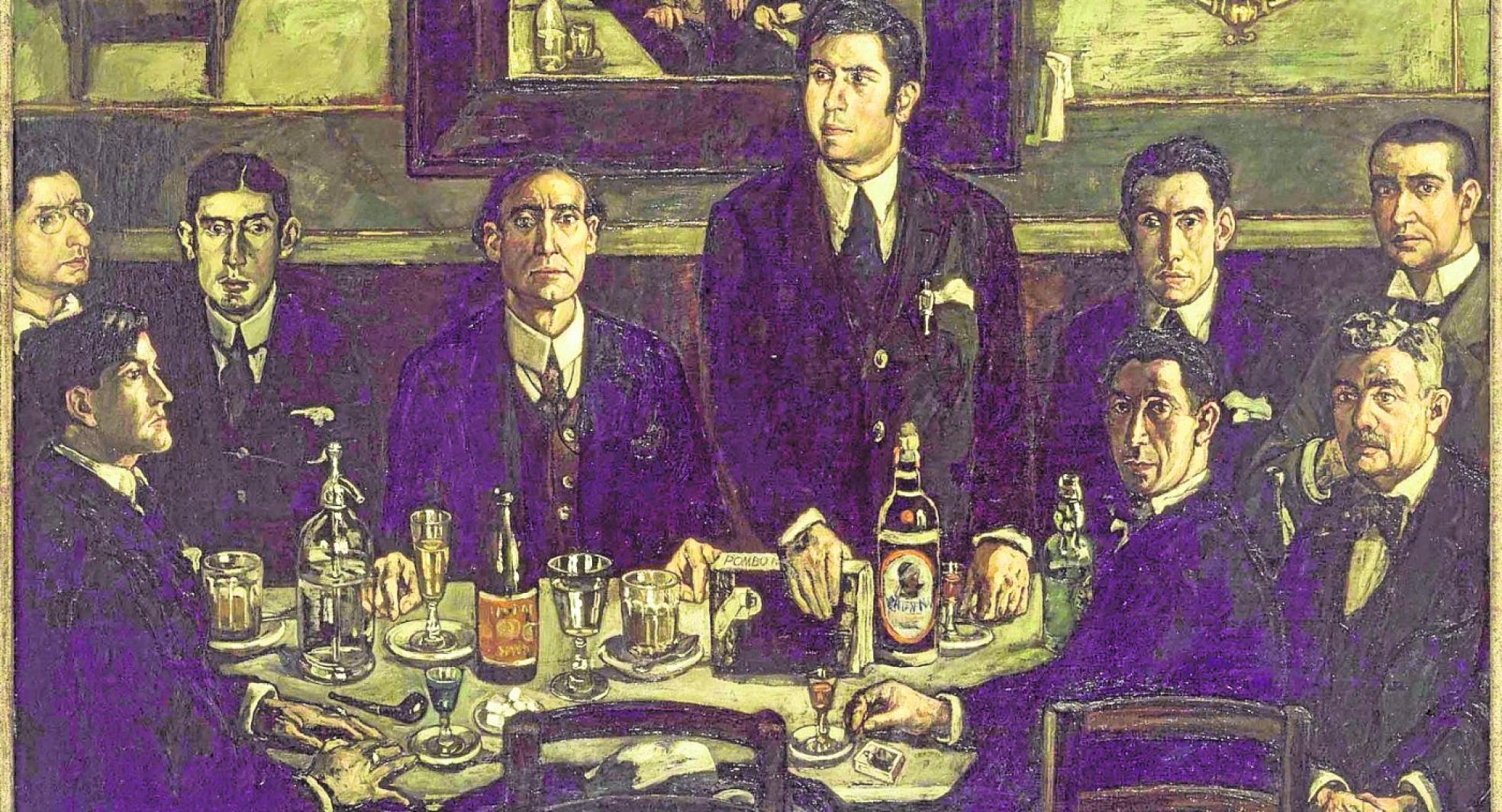 'La tertulia del café Pombo'. Obra de 1920que colgaba en el Café y Botillería de Pombo, en el 4 de calle Carretas, junto a Sol, donde se reunía el clan de Gómez de la Serna. Hoy se exhibe en el Reina Sofía. 