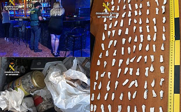 El local y la droga incautada por la Guardia Civil.