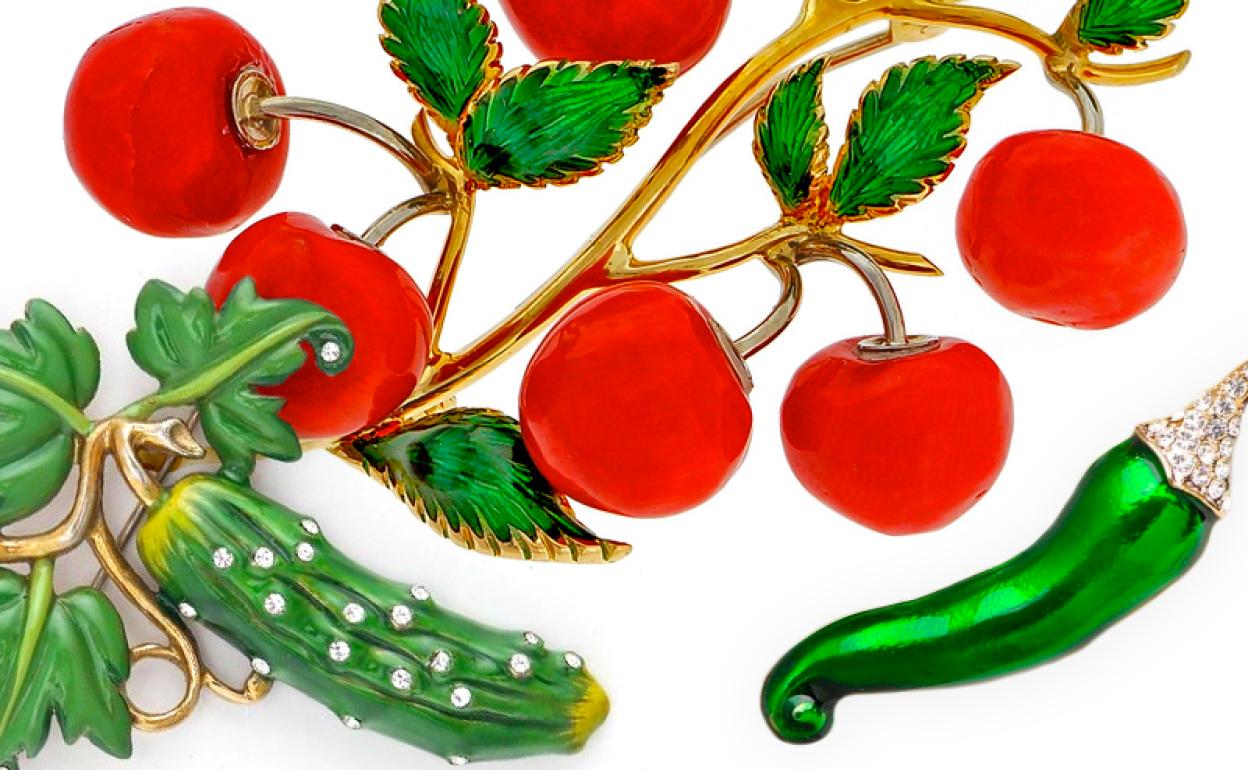 Joyas con forma de tomate, pepino y pimiento 