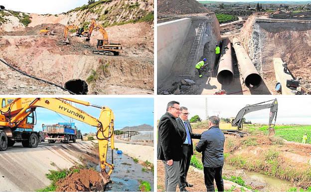 Arriba izq.: Túnel Alhama (Margen derecha del Trasvase): 549.000 euros; arriba der.: rotura en el Trasvase (Margen izquierda): 3.396.000 euros; abajo izq.: Rambla de Mazarrón: 4.000.000 euros, y abajo der.: rotura en el canal de Cartagena y drenaje D7: 1.492.000 euros.