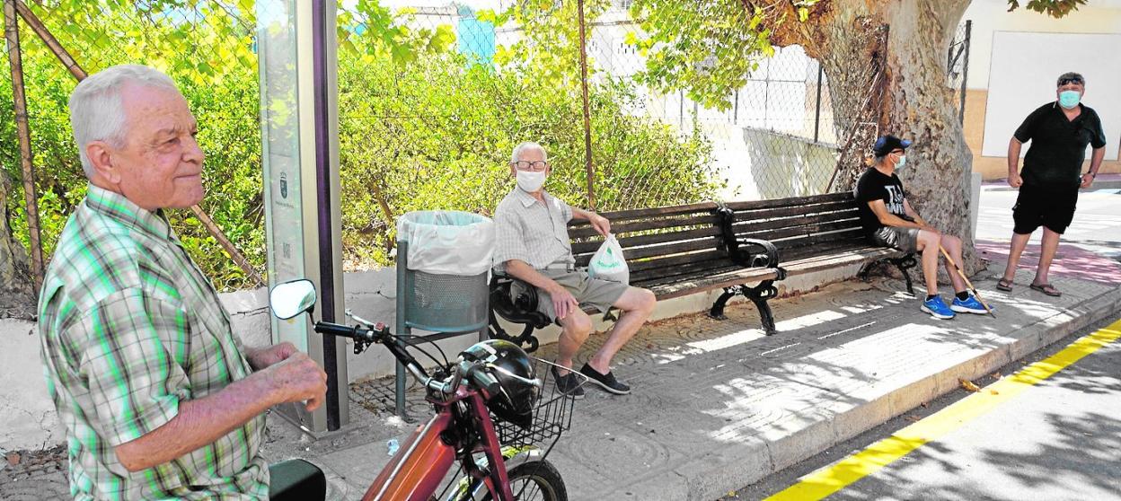 Varios vecinos de Ulea aprovechan la sombra que da un enorme eucalipto a la entrada al municipio por la carretera del Molino. 
