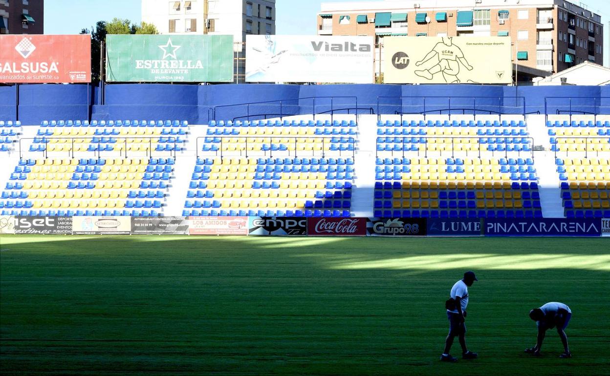 Arreglan el césped de La Condomina antes del último partido. 