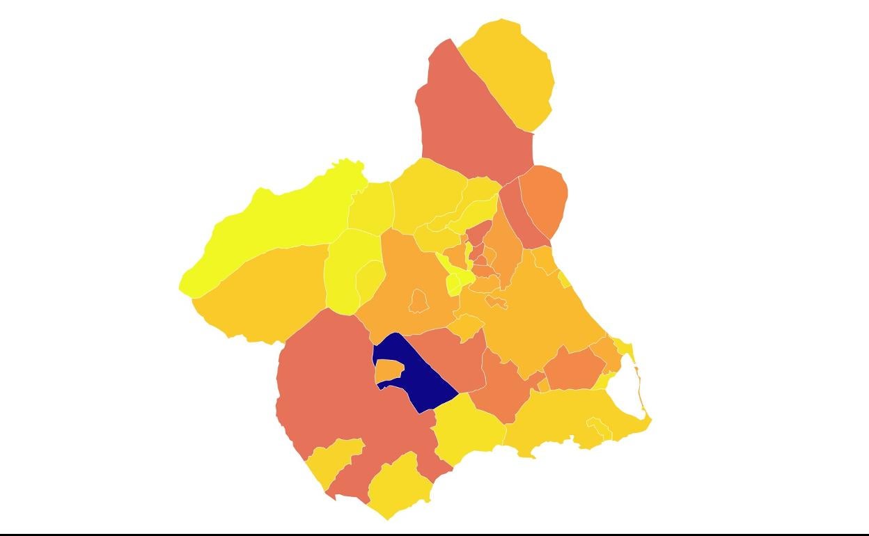 Mapa de la Región de Murcia con la tasa de incidencia de casos de coronavirus de cada municipio.