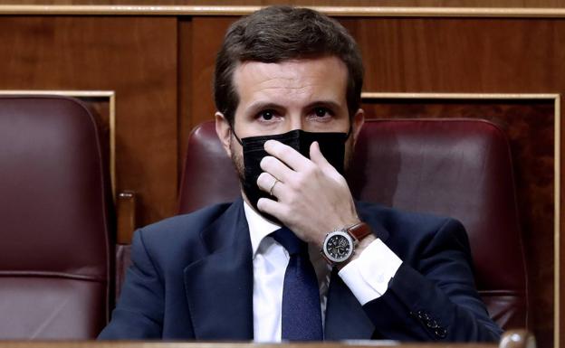 Casado se coloca la mascarilla durante el debate de la moción de censura de Vox.