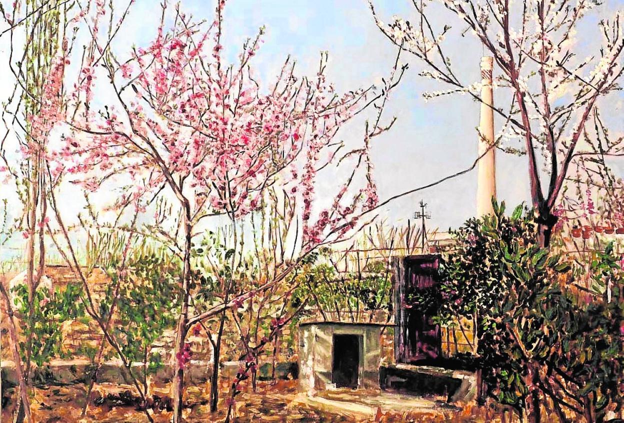 'El jardín en 1965', óleo del catedrático de Ecología y pintor murciano Ángel Pérez Ruzafa. En la imagen de abajo, el artista. 