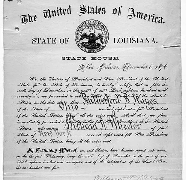 Un certificado del voto electoral de Luisiana para Rutherford B. Hayes. 
