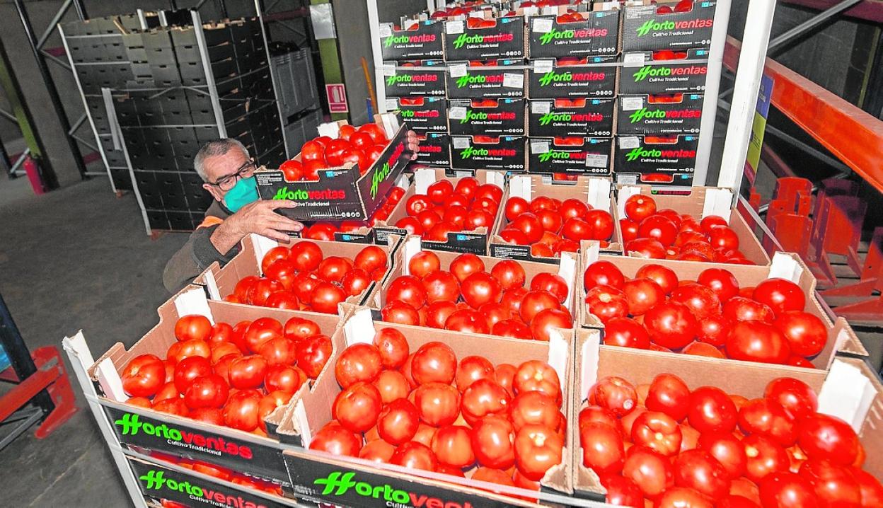 Un voluntario del Banco de Alimentos, anoche, con las cajas de tomates. 