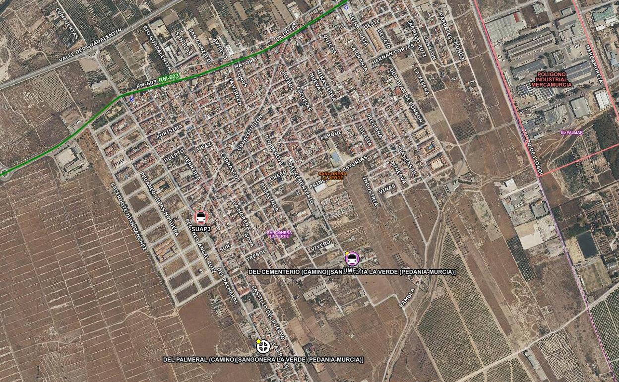 Zona en la que ocurrió el accidente, en la pedanía murciana de Sangonera La Verde.