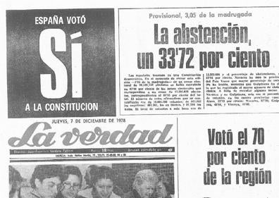 Imagen secundaria 1 - 1- Diseño. LAVERDAD redujo su cabecera de portada para resaltar el sí de la Región a la Constitución. 2- De fiesta. Uno de los gráficos de LA VERDAD del 7 de diciembre.