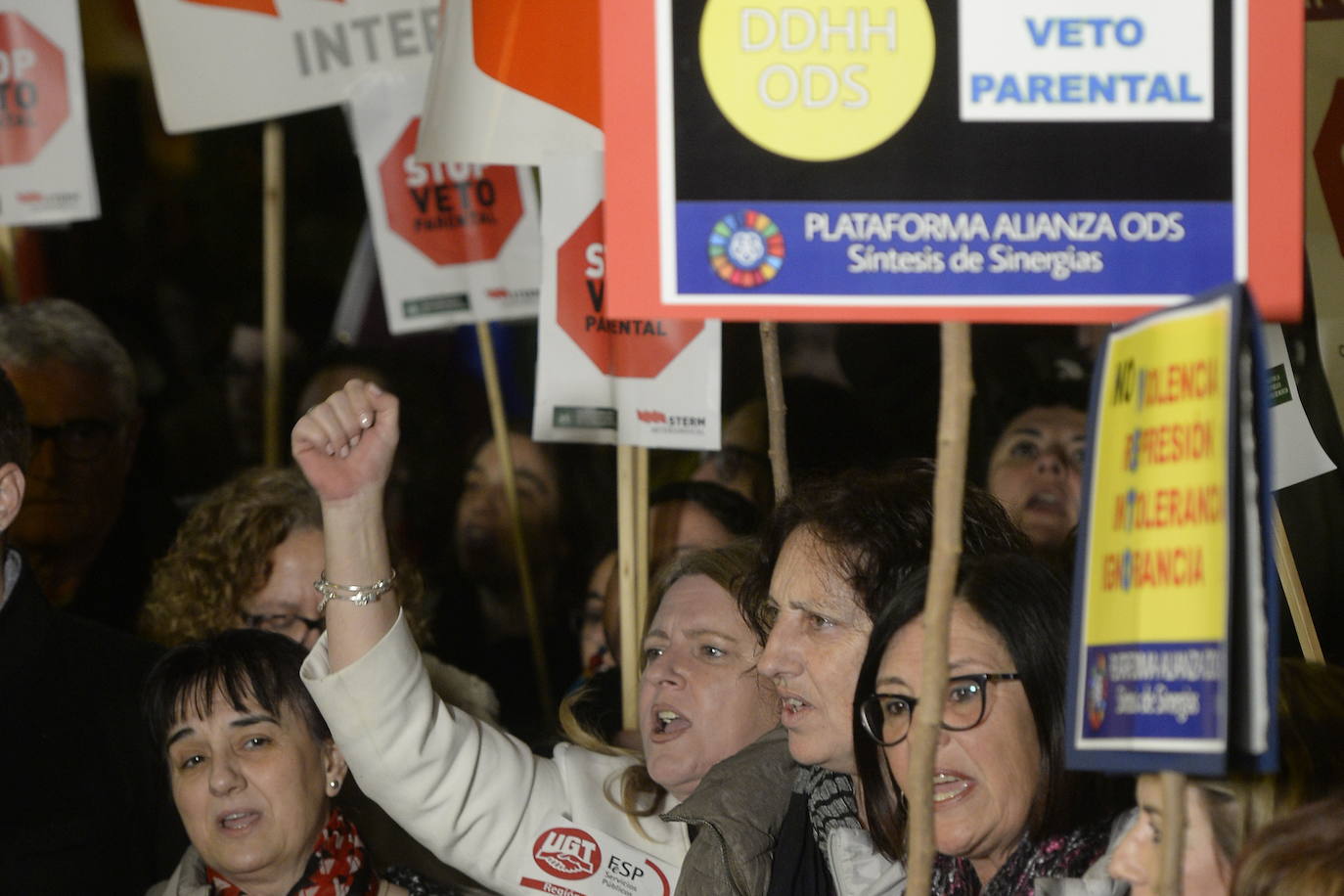 28-01-2020. El veto parental impuesto por Vox como condición para apoyar la investidura de López Miras divide a la comunidad educativa y acaba en el Constitucional, que finalmente aprueba su suspensión cautelar meses después. El llamado ‘pin’ parental obligaba a las familias a firmar su consentimiento para que sus hijos asistieran a actividades complementarias, que son obligatorias por ley. La polémica, que provocó encendidas manifestaciones en las calles a favor y en contra (como la de la imagen, celebrada el 28 de enero) terminó con el curso. En el trasfondo, la negativa de Vox a que los alumnos reciban sesiones de educación afectivo sexual. 