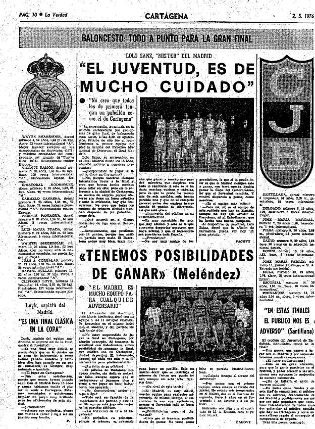04/05/1976 Lleno en el Polideportivo Municipal de Cartagena, que se inauguró hace 44 años y medio con la final de la Copa del Rey de baloncesto que enfrentó al Real Madrid y al Juventud.