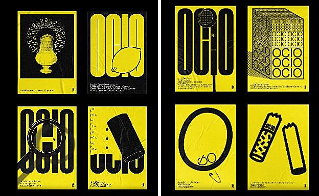 Dos de los pósteres en amarillo y negro creados por el murciano Pedro Noguera para Bar Ocio, con los que ganó el CreaMurcia 2020.